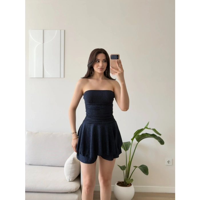 Simli Straplez Şortlu Elbise - LACİVERT