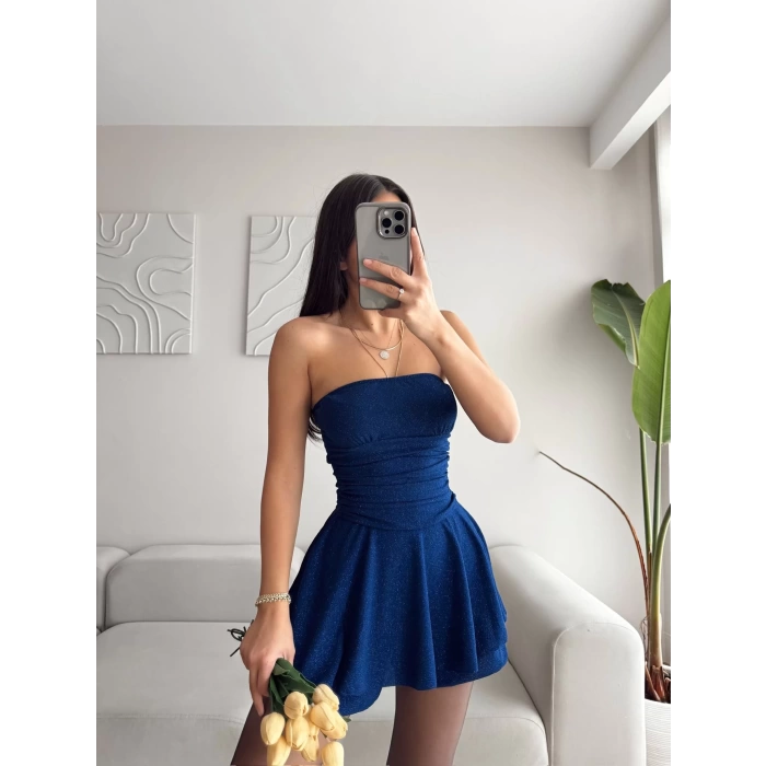 Simli Straplez Volanlı Elbise - SAKS MAVİSİ