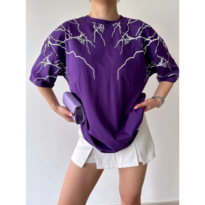 Şimşek Baskılı Unisex Oversize T-shirt-MOR