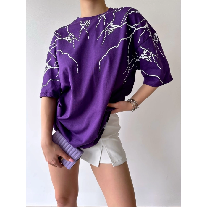 Şimşek Baskılı Unisex Oversize T-shirt-MOR