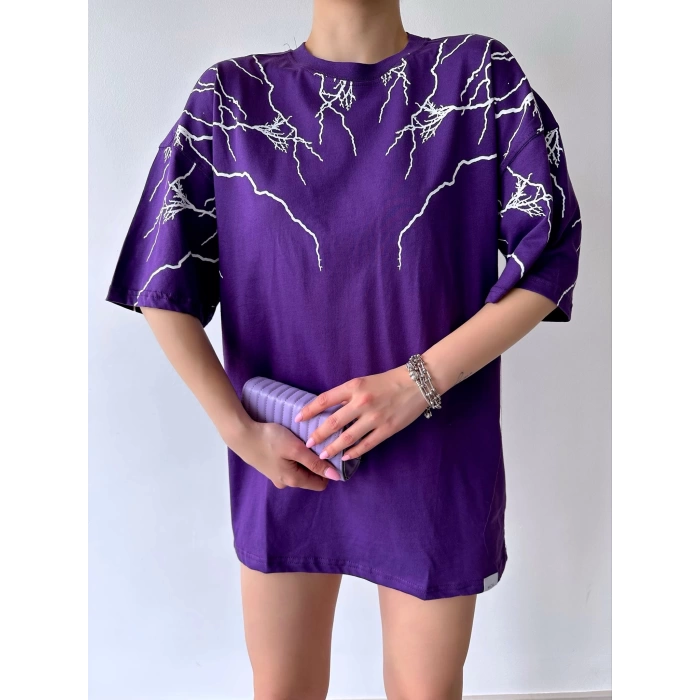 Şimşek Baskılı Unisex Oversize T-shirt-MOR