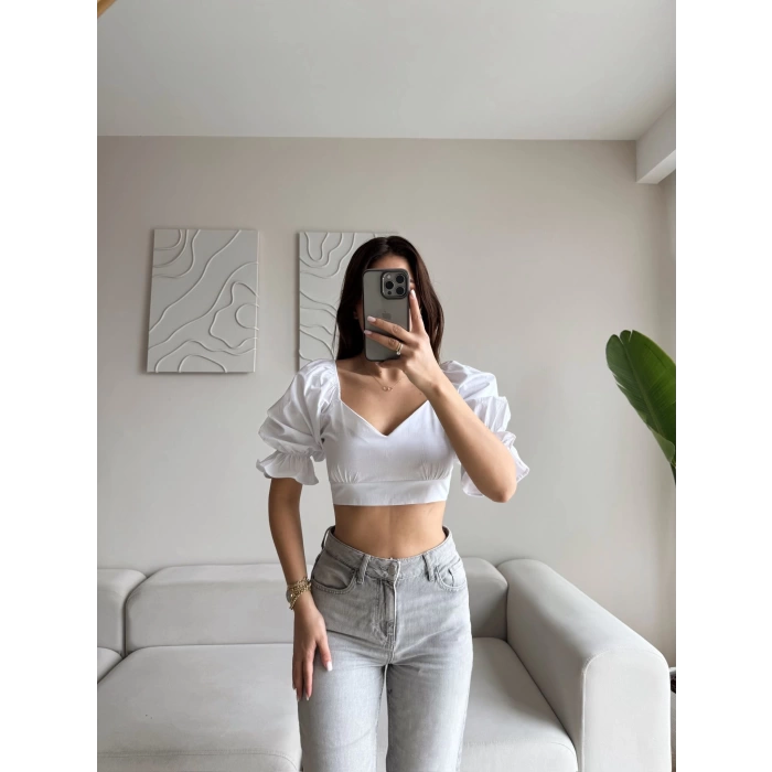 Sırt Bağcıklı Karpuz Kol Crop - BEYAZ