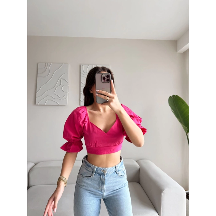 Sırt Bağcıklı Karpuz Kol Crop - FUŞYA