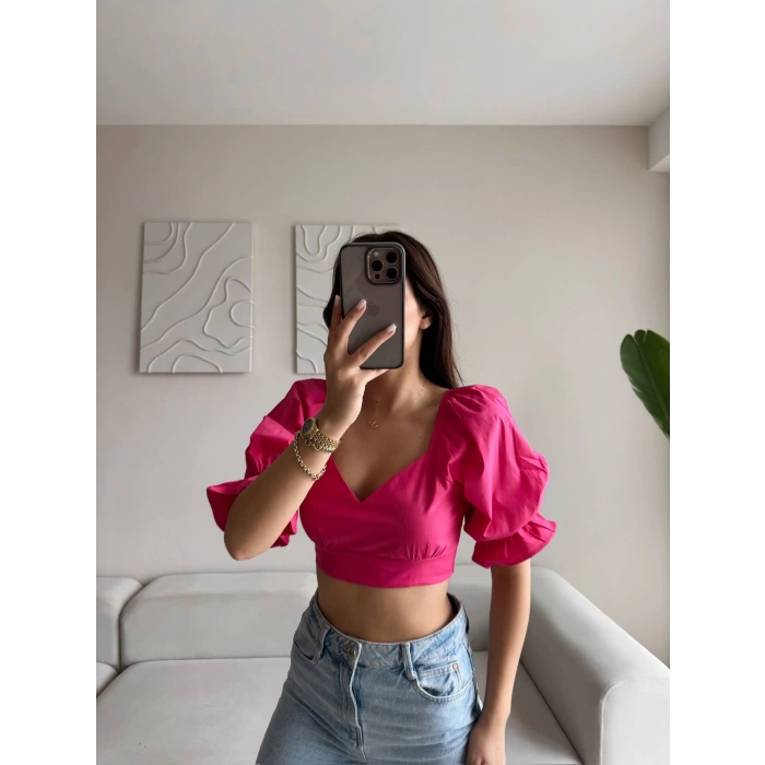 Sırt Bağcıklı Karpuz Kol Crop - FUŞYA