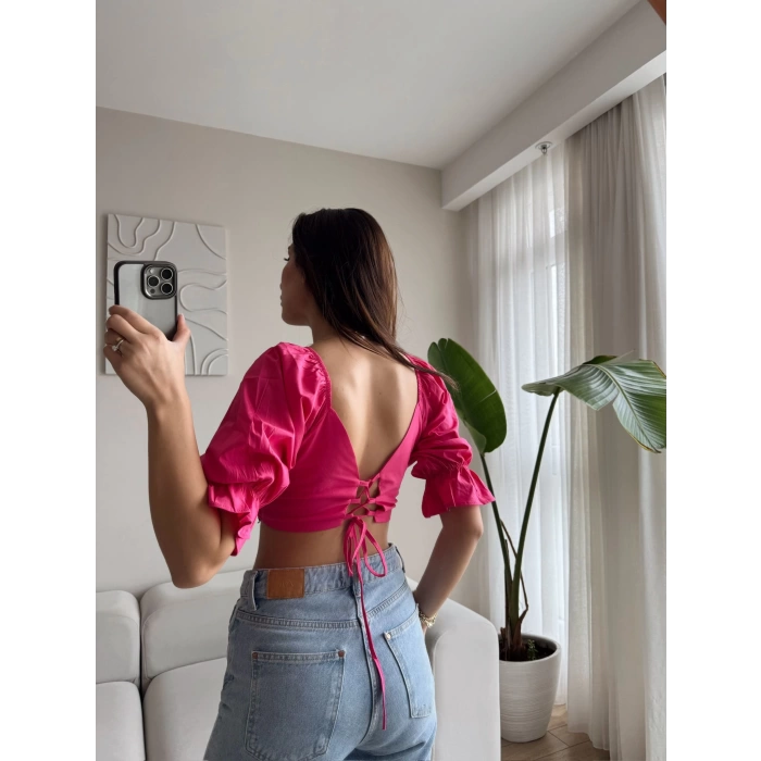 Sırt Bağcıklı Karpuz Kol Crop - FUŞYA