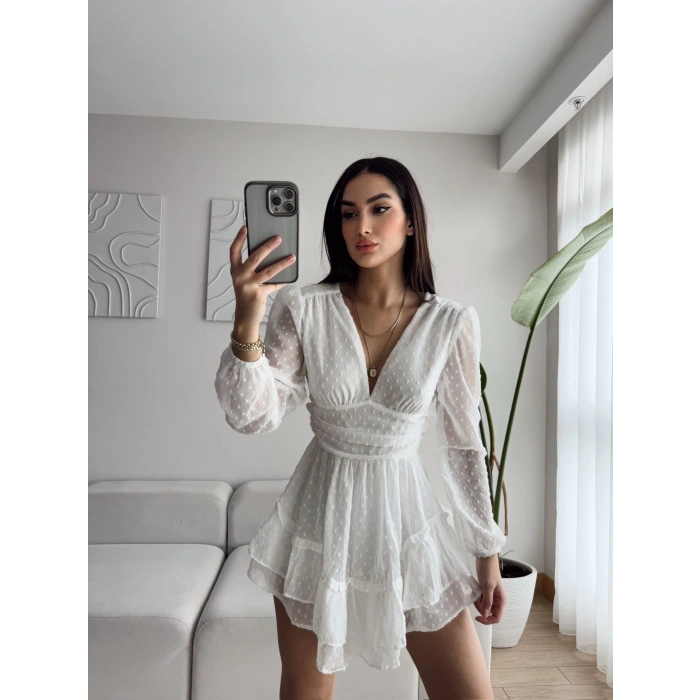 Bel Korse Şortlu Elbise - BEYAZ