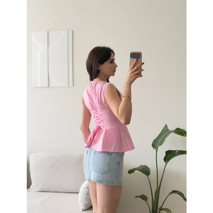 Sırt Bağlamalı Peplum Bluz - PEMBE