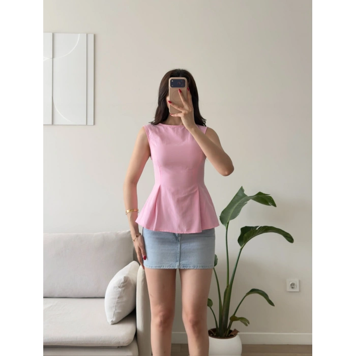 Sırt Bağlamalı Peplum Bluz - PEMBE
