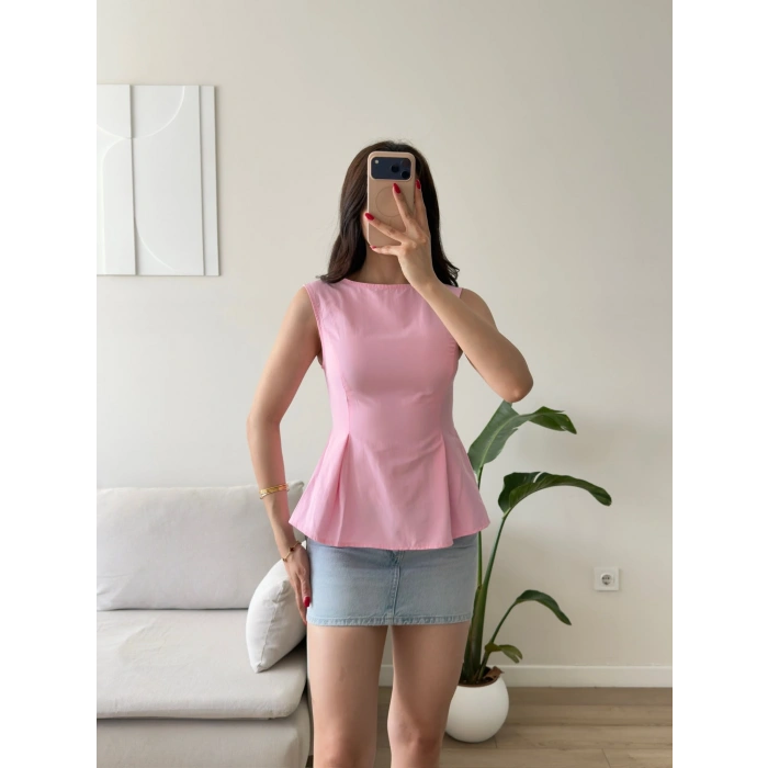 Sırt Bağlamalı Peplum Bluz - PEMBE