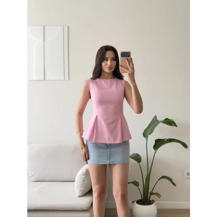 Sırt Bağlamalı Peplum Bluz - PEMBE
