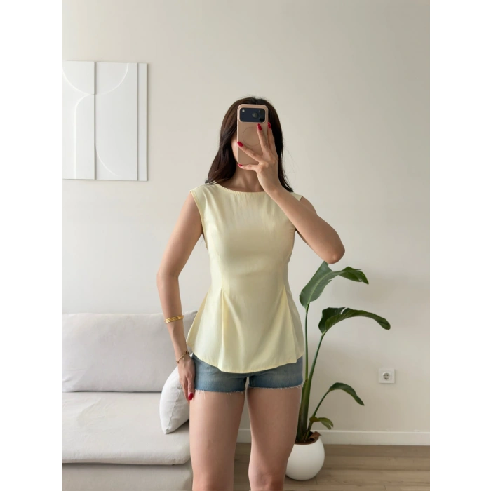 Sırt Bağlamalı Peplum Bluz - SARI