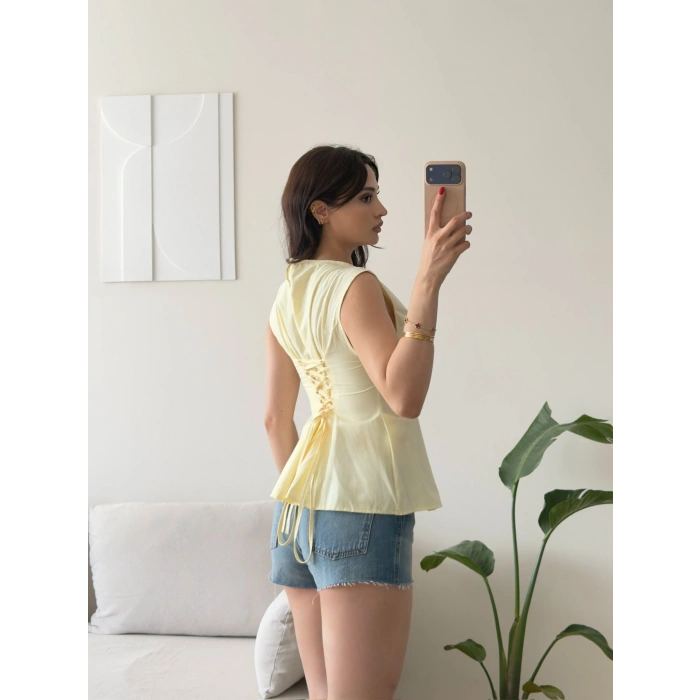 Sırt Bağlamalı Peplum Bluz - SARI