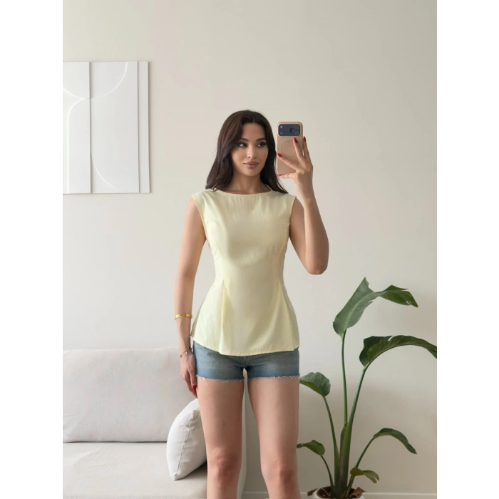 Sırt Bağlamalı Peplum Bluz - SARI