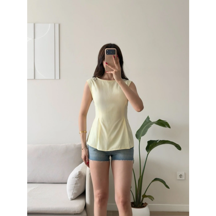 Sırt Bağlamalı Peplum Bluz - SARI