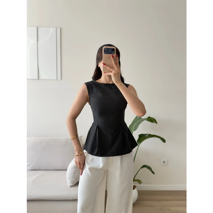 Sırt Bağlamalı Peplum Bluz - SİYAH