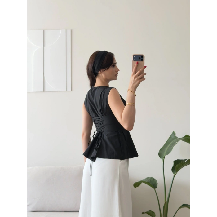 Sırt Bağlamalı Peplum Bluz - SİYAH