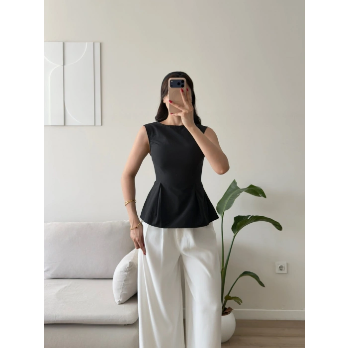 Sırt Bağlamalı Peplum Bluz - SİYAH