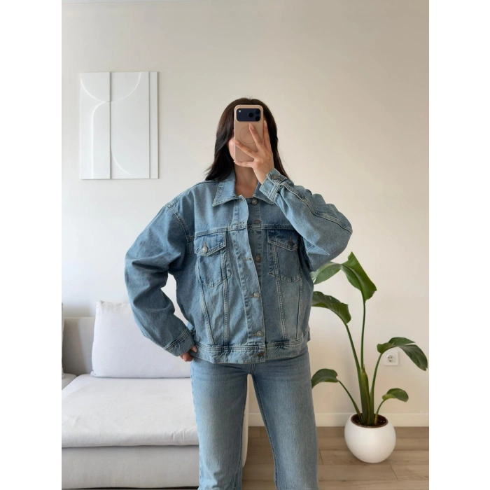 Sırt Baskı Boyfriend Denim Ceket