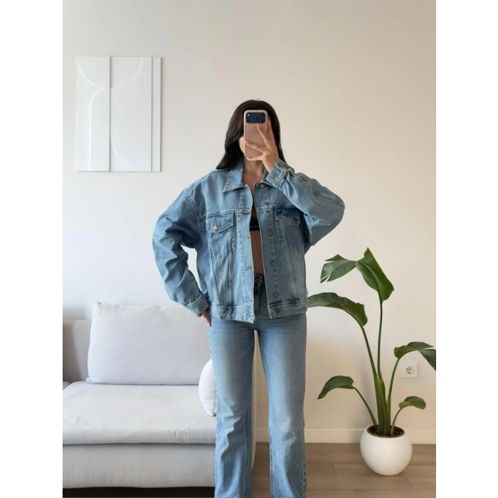 Sırt Baskı Boyfriend Denim Ceket