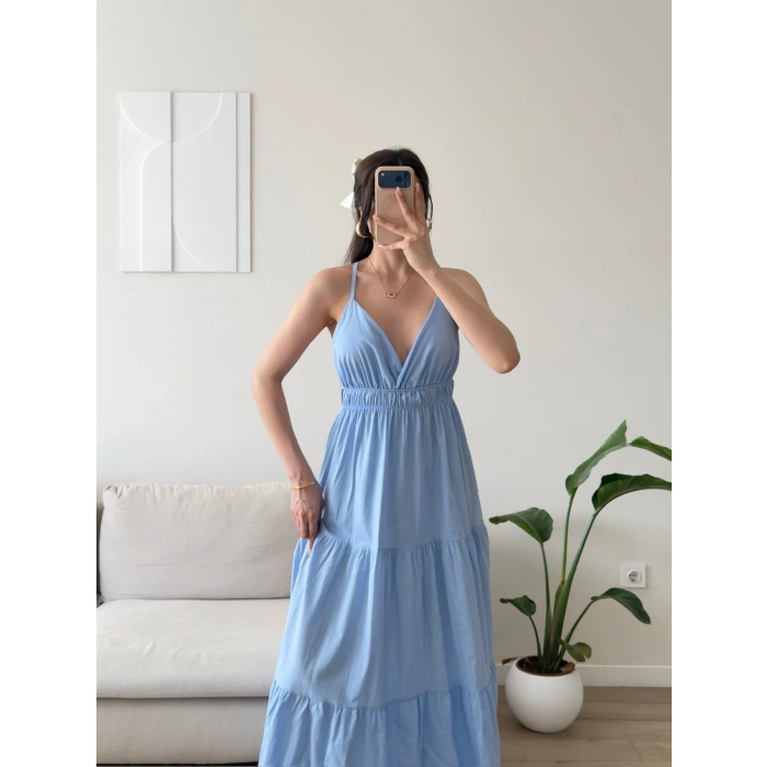 Sırt Çapraz Askılı Elbise - BEBE MAVİSİ
