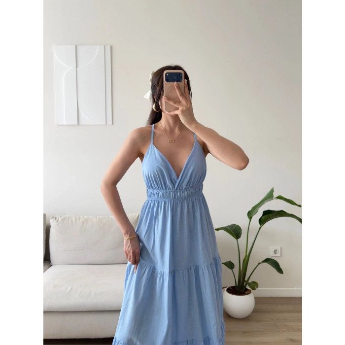 Sırt Çapraz Askılı Elbise - BEBE MAVİSİ