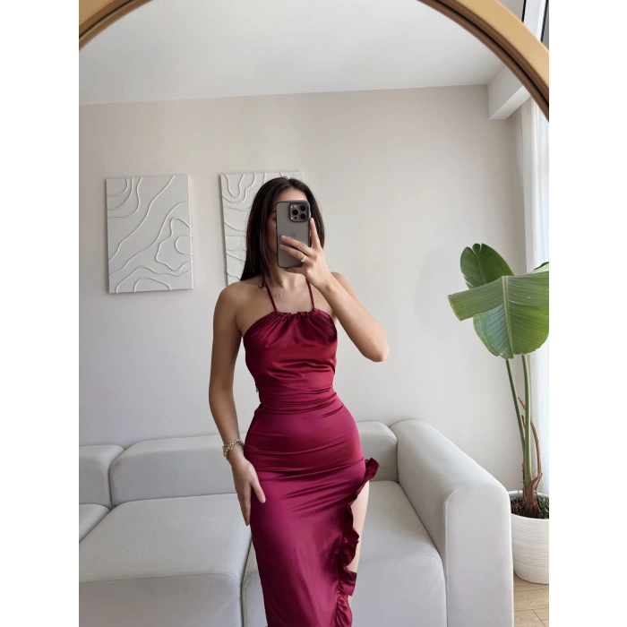 Sırt Çapraz Saten Elbise - BORDO