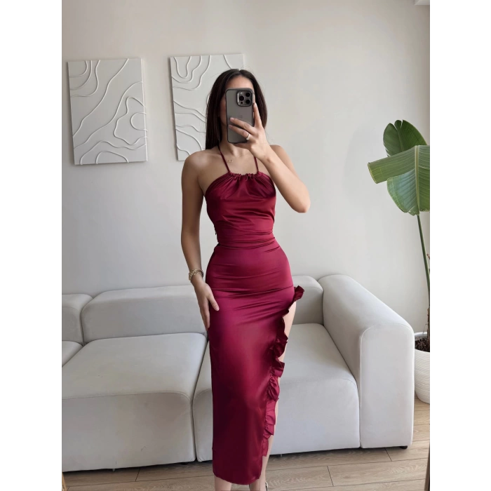 Sırt Çapraz Saten Elbise - BORDO