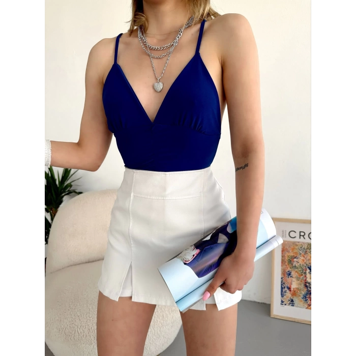 Sırt Dekolte Askılı Bluz-MAVİ
