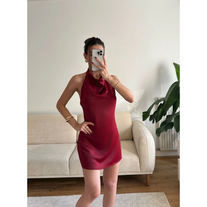 Sırt Dekolte Boyun Geçmeli Elbise - BORDO