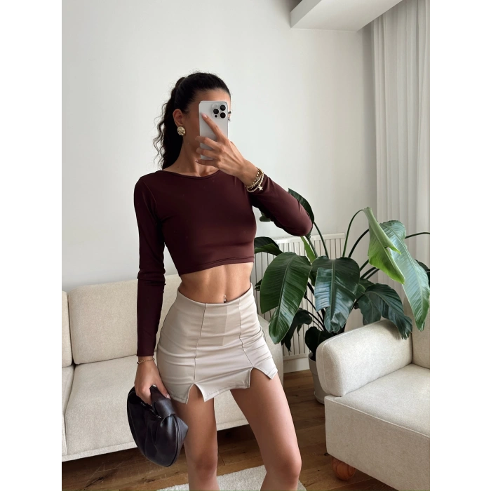 Sırt Dekolte Crop - KAHVE