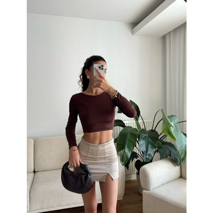 Sırt Dekolte Crop - KAHVE