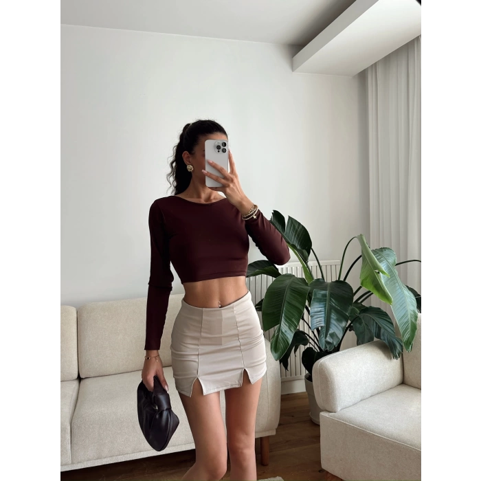 Sırt Dekolte Crop - KAHVE