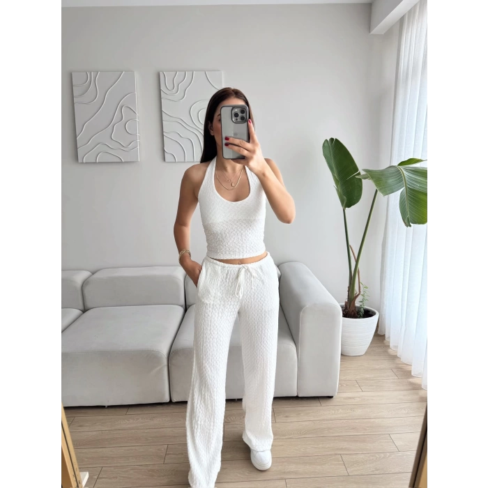 Sırt Dekolte Crop & Pantolon Takım - BEYAZ