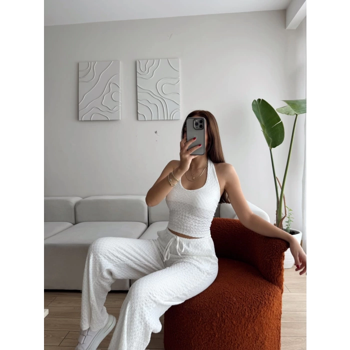 Sırt Dekolte Crop & Pantolon Takım - BEYAZ