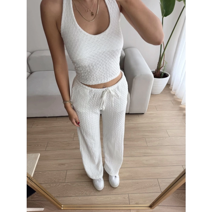 Sırt Dekolte Crop & Pantolon Takım - BEYAZ