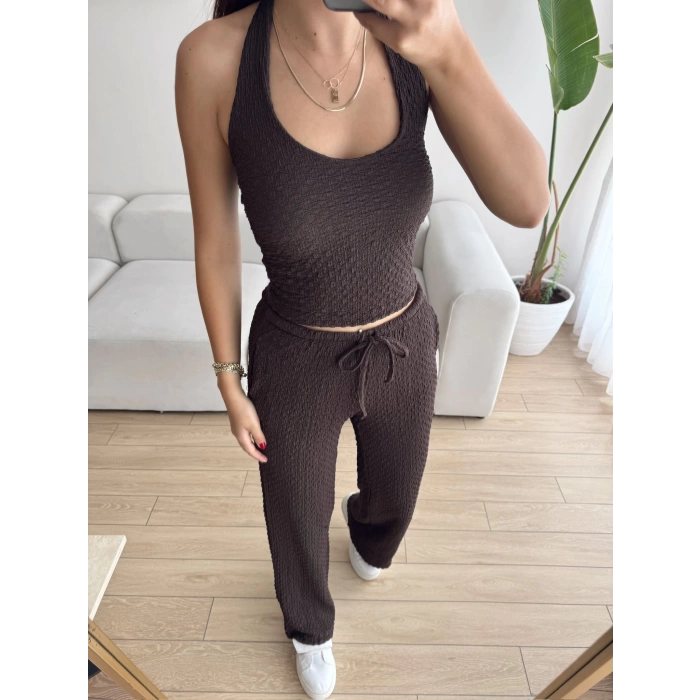 Sırt Dekolte Crop & Pantolon Takım - KAHVE