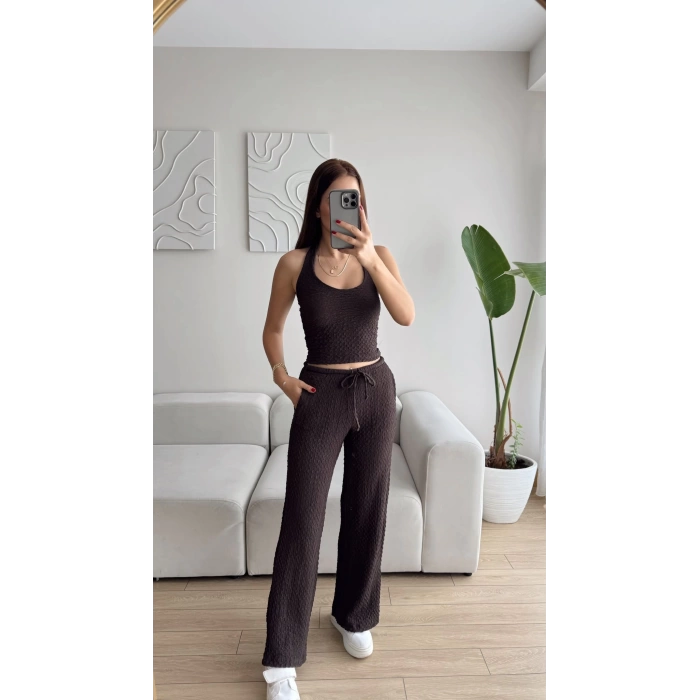 Sırt Dekolte Crop & Pantolon Takım - KAHVE