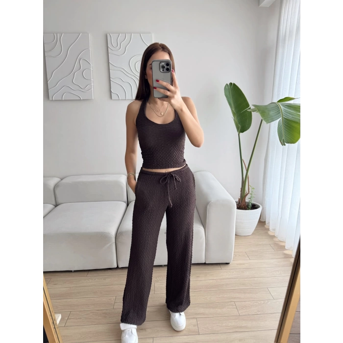 Sırt Dekolte Crop & Pantolon Takım - KAHVE
