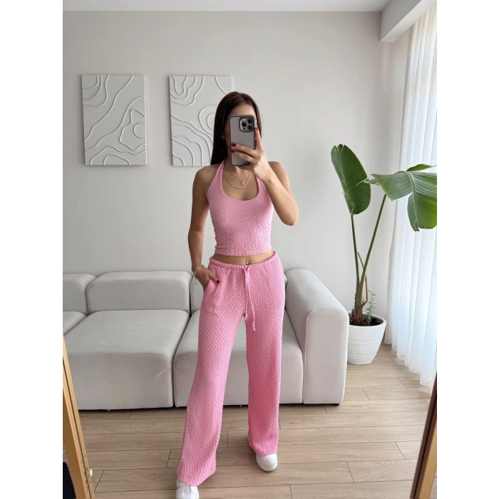 Sırt Dekolte Crop & Pantolon Takım - PEMBE
