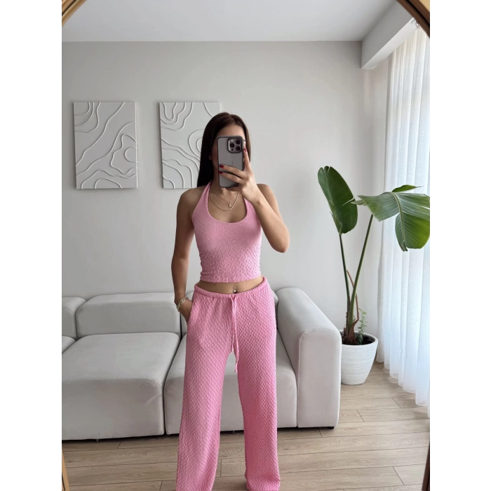 Sırt Dekolte Crop & Pantolon Takım - PEMBE