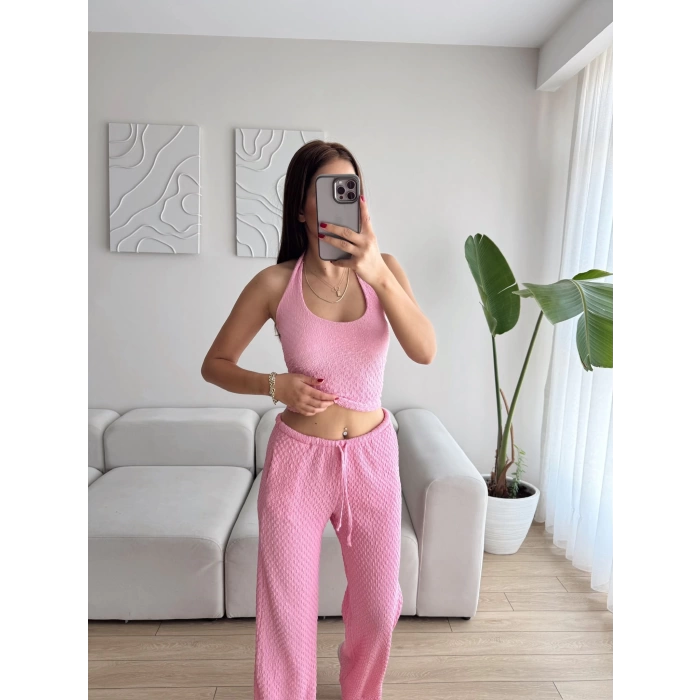 Sırt Dekolte Crop & Pantolon Takım - PEMBE