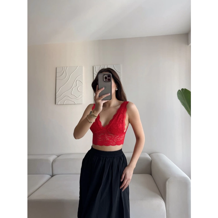 Sırt Dekolte Dantelli Bralet - KIRMIZI