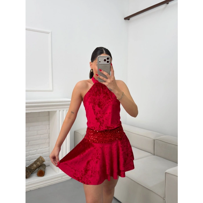 Sırt Dekolte Halter Elbise - KIRMIZI