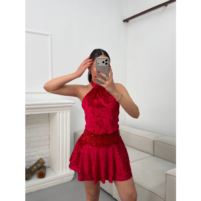 Sırt Dekolte Halter Elbise - KIRMIZI