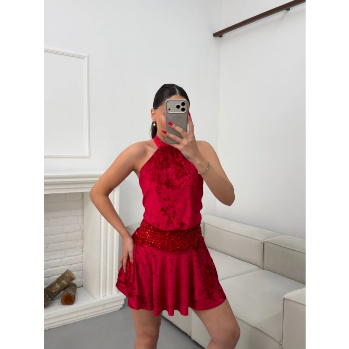 Sırt Dekolte Halter Elbise - KIRMIZI