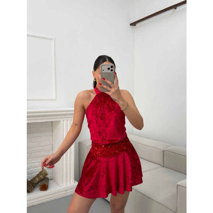 Sırt Dekolte Halter Elbise - KIRMIZI