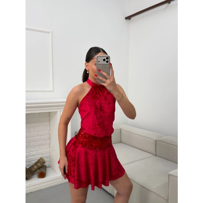 Sırt Dekolte Halter Elbise - KIRMIZI