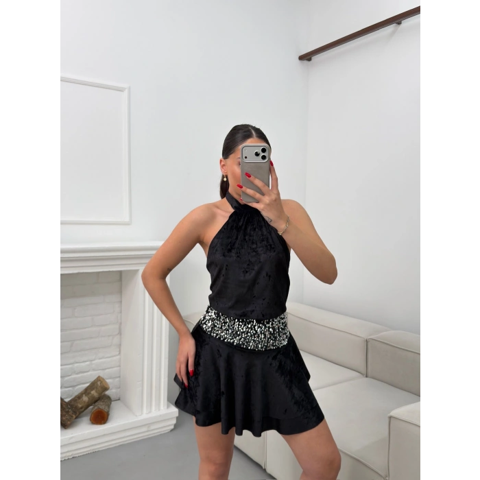 Sırt Dekolte Halter Elbise - SİYAH