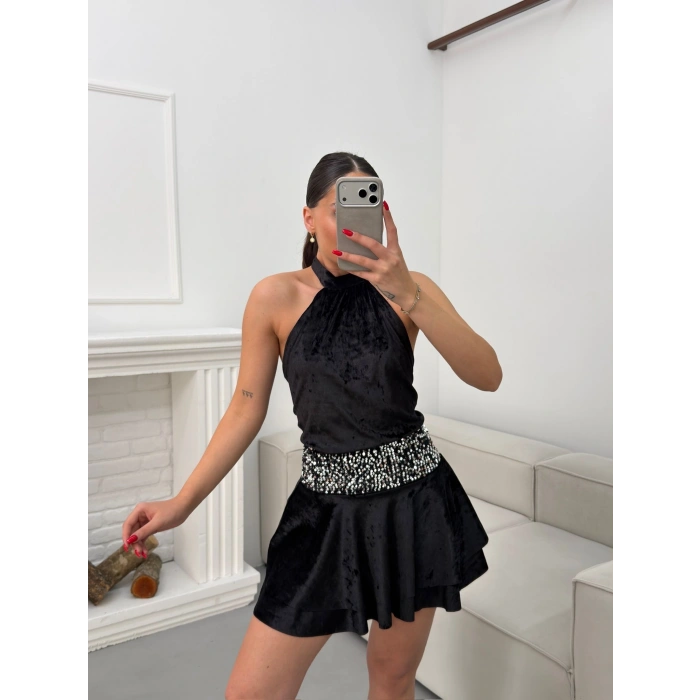 Sırt Dekolte Halter Elbise - SİYAH