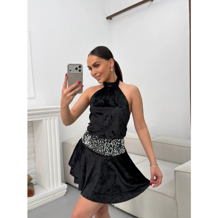 Sırt Dekolte Halter Elbise - SİYAH